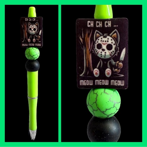 Other - Friday the 13th Kitty Cat Custom Beaded Ink Pen Lime Green